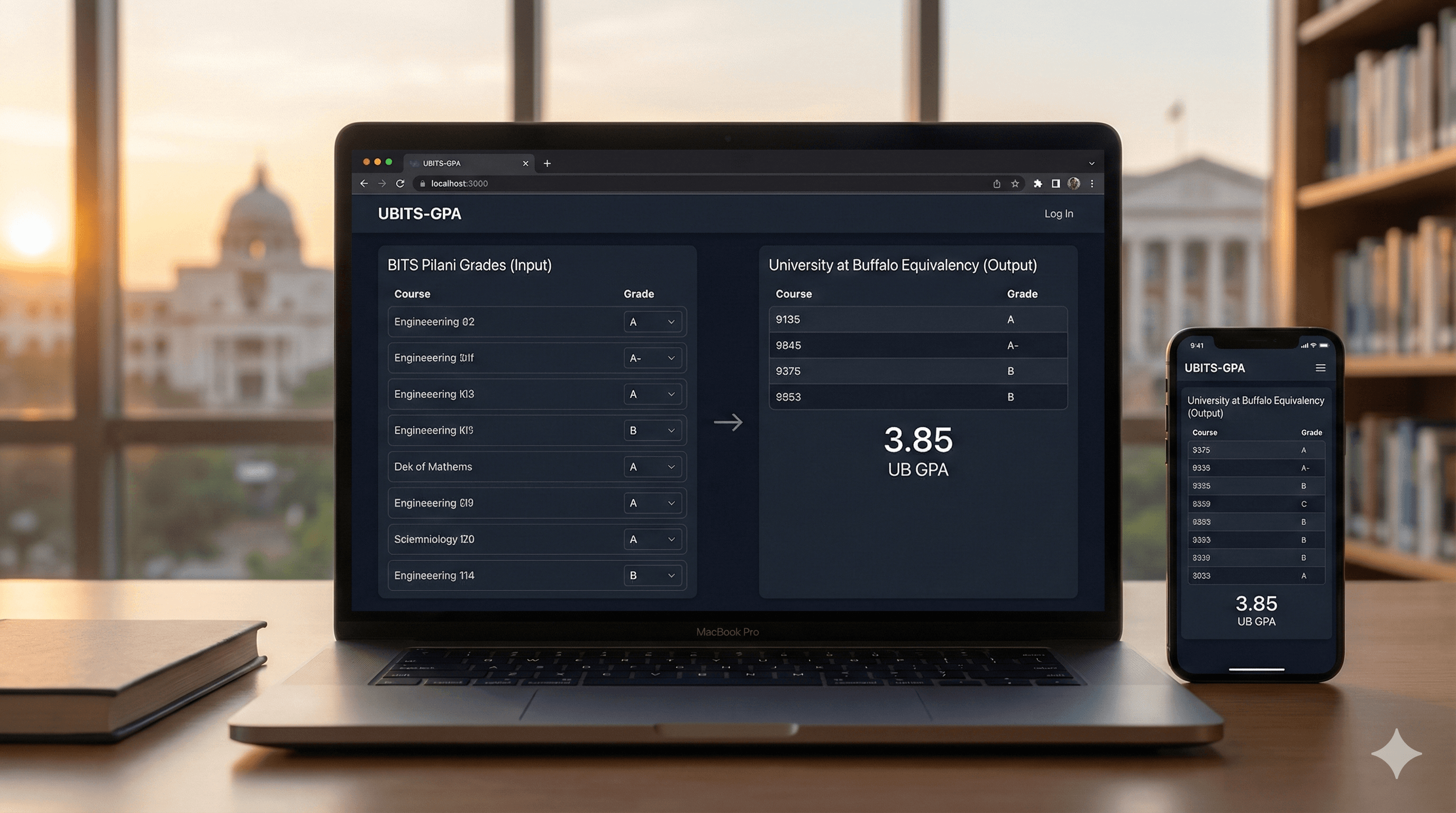 A GPA calculator web app for BITS-UB 2+2 program students that automatically converts BITS Pilani grades to University at Buffalo equivalents, helping transfer students track their academic progress across both institutions.
