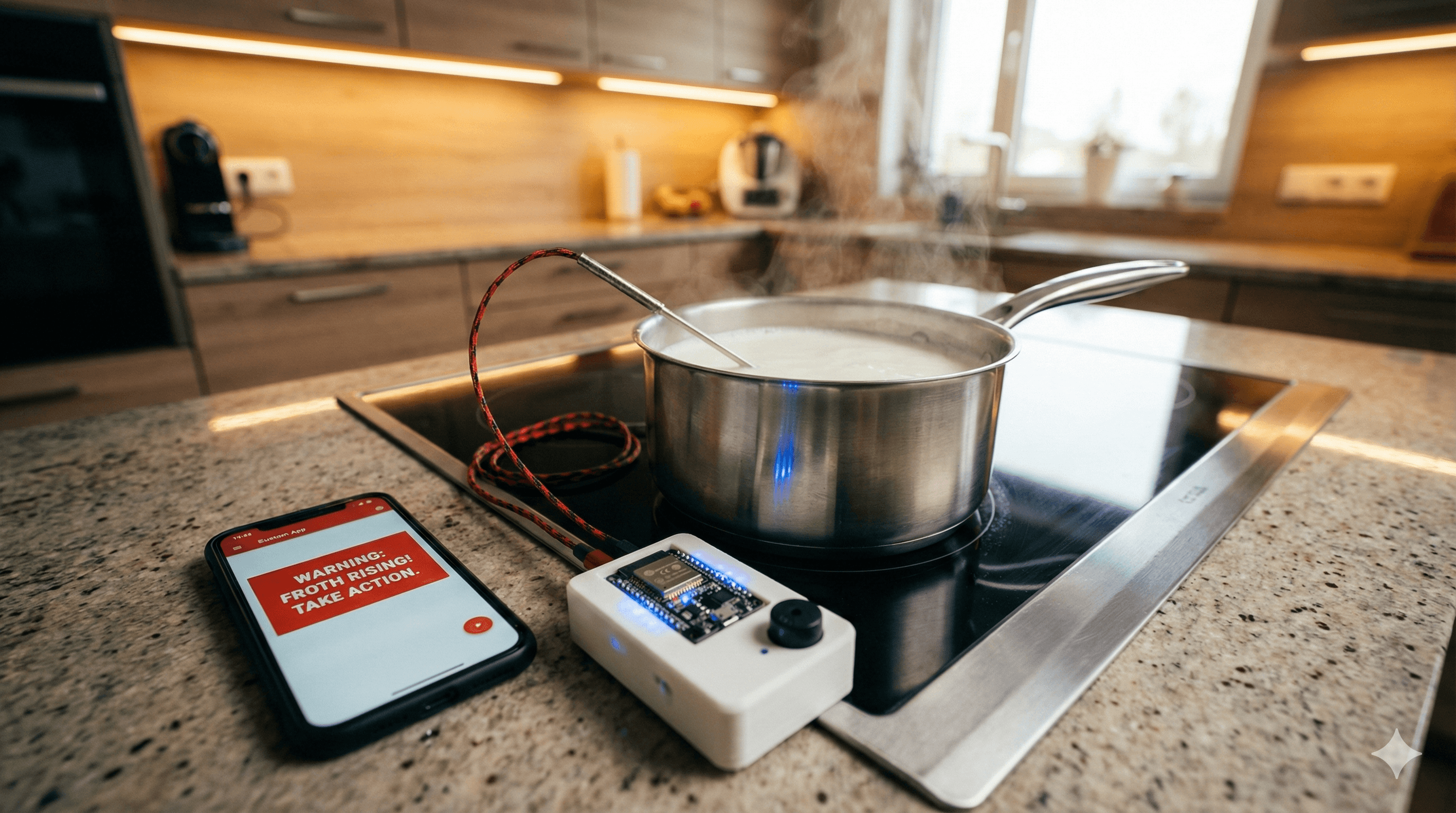 A low-cost IoT system developed during the COVID-19 lockdown to prevent boiling milk overflow using temperature sensing, Arduino/ESP microcontrollers, and Android app alerts. This project integrates thermocouples, buzzers, and Bluetooth communication, evolving into an ESP-based smart household utility.